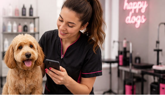 Dog groomer using GroomBook in a grooming salon